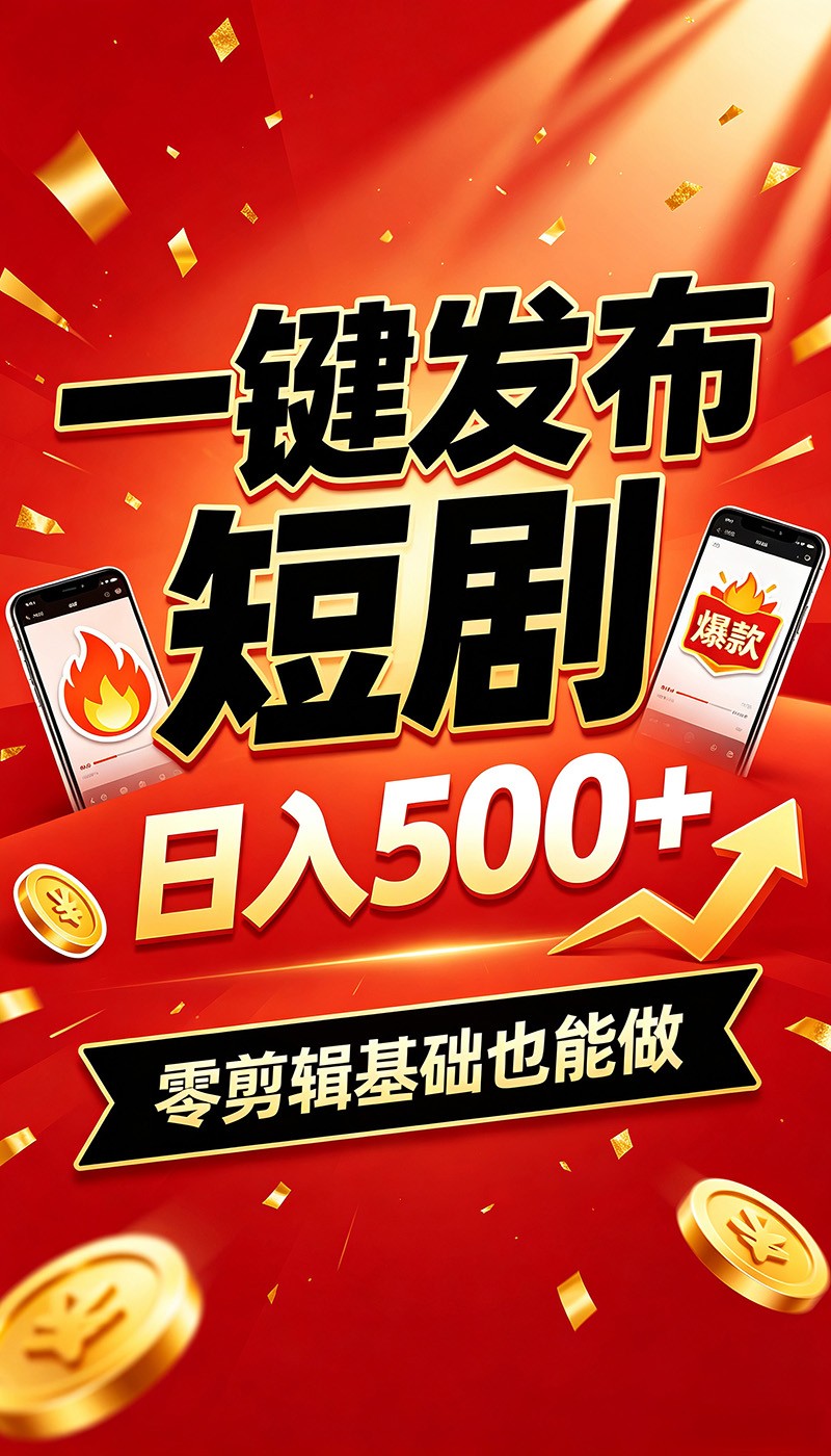 快手短剧一键发布，不用剪辑操作简单，副业日入500+。空闲时间轻松赚收益-海桐网创