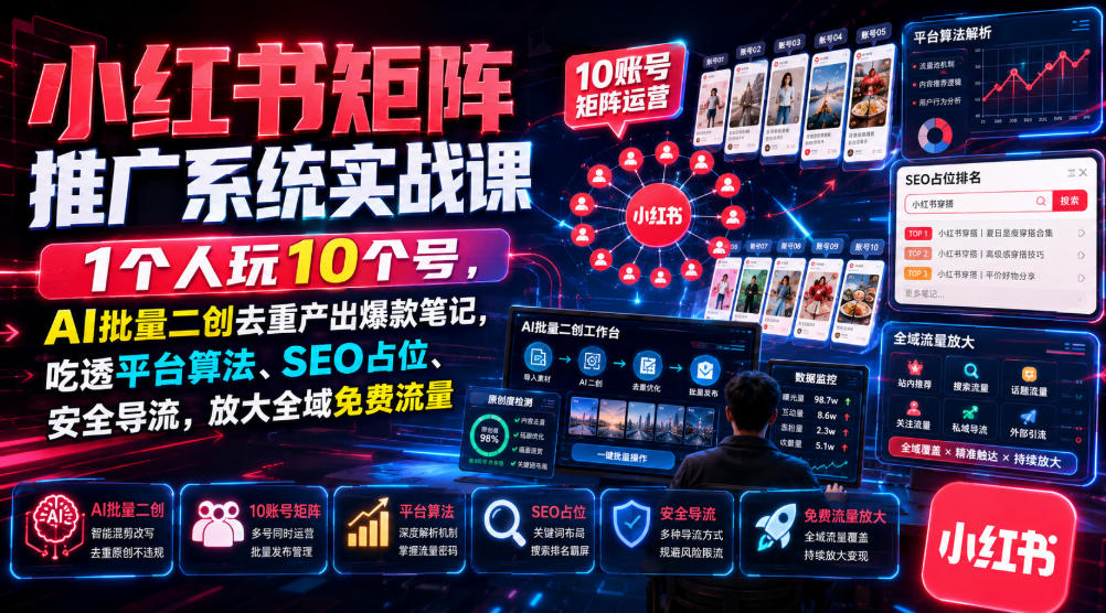 小红书矩阵推广系统实战课｜1个人玩10个号，AI批量二创去重产出爆款笔记，吃透平台算法、SEO占位、安全导流，放大全域免费流量-海桐网创