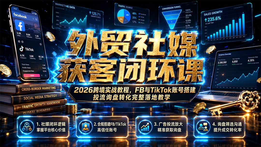 外贸社媒获客闭环课｜2026跨境实战教程，FB与TikTok账号搭建投流询盘转化完整落地教学-海桐网创