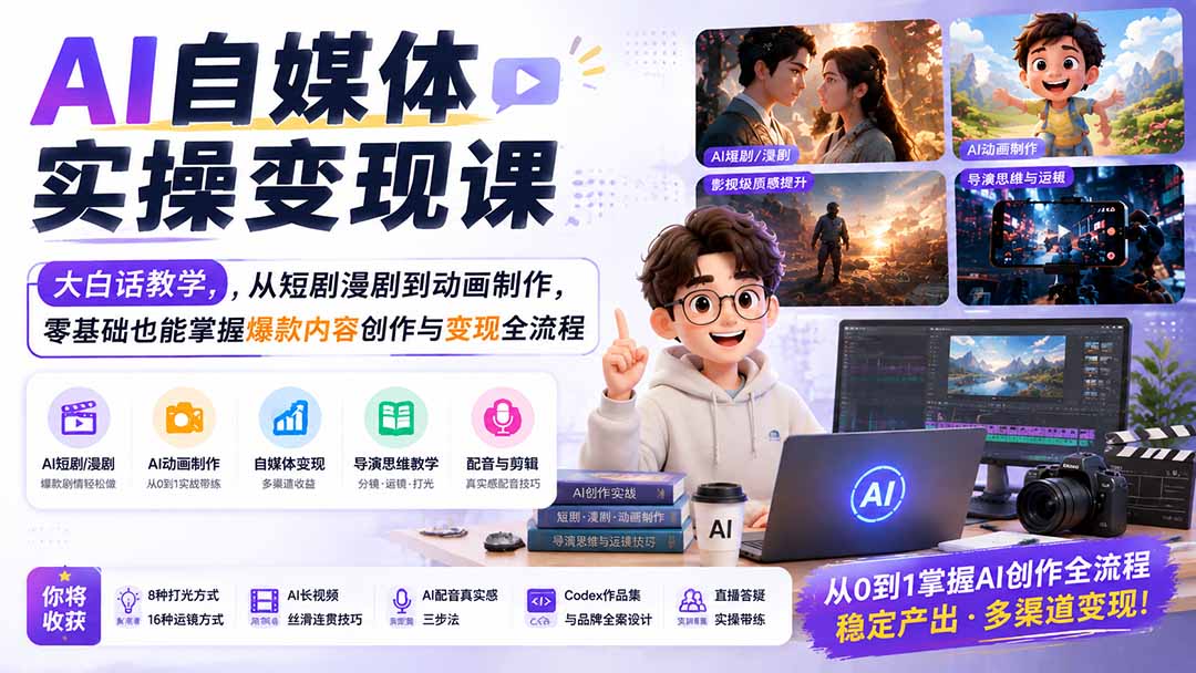 AI自媒体实操变现课|大白话教学,从短剧漫剧到动画制作,零基础也能掌握爆款内容创作与变现全流程-海桐网创
