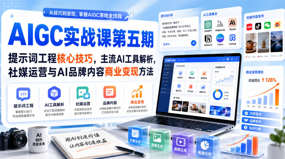 刺猬星球·AIGC实战课第五期，提示词工程核心技巧，主流AI工具解析，社媒运营与AI品牌内容商业变现方法-海桐网创