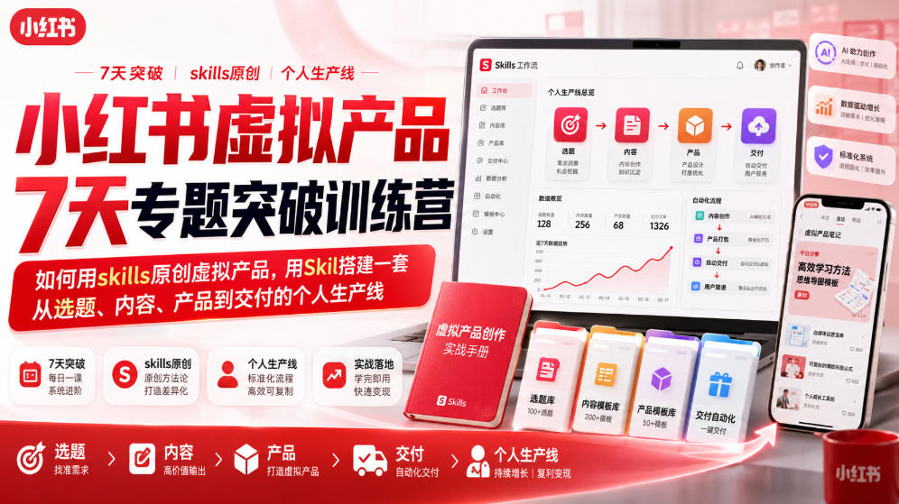 小红书虚拟产品7天专题突破训练营，如何用skills原创虚拟产品，用Skil搭建一套从选题、内容、产品到交付的个人生产线-海桐网创
