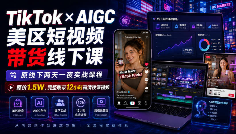 TikTok×AIGC美区短视频带货线下课,原线下两天一夜实战课程,原价1.5W,完整收录12小时高清授课视频-海桐网创
