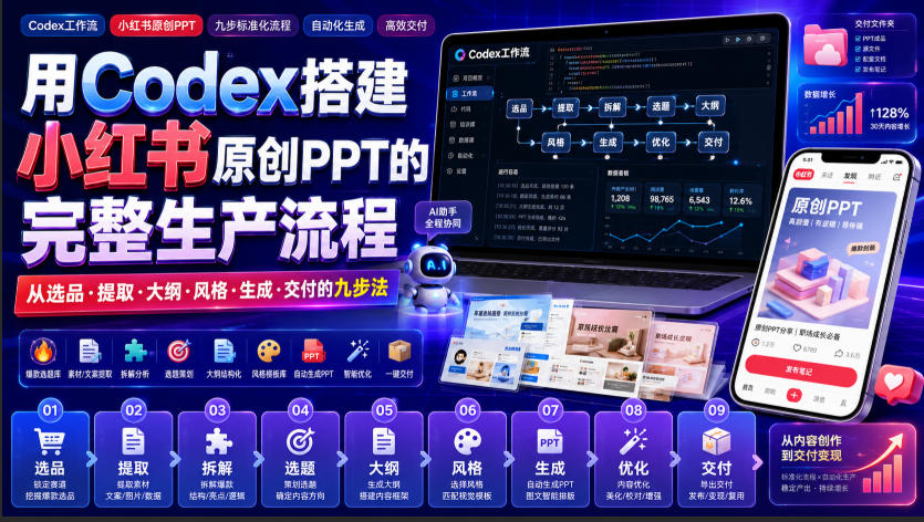 用Codex搭建小红书原创PPT的完整生产流程,从选品·提取·大纲·风格·生成·交付的九步法-海桐网创