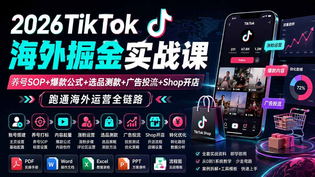 2026TikTok海外掘金实战课——养号SOP+爆款公式+选品测款+广告投流+Shop开店,跑通海外运营全链路-海桐网创