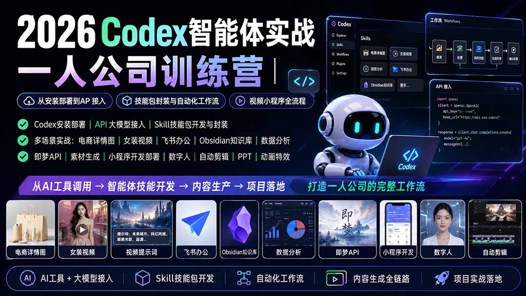 2026Codex智能体实战|一人公司训练营|从安装部署到API接入|技能包封装与自动化工作流|视频小程序全流程-海桐网创