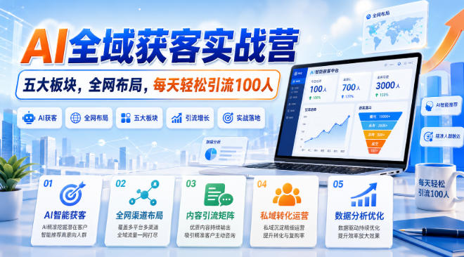 AI全域获客实战营,五大板块,全网布局,每天轻松引流100人-海桐网创