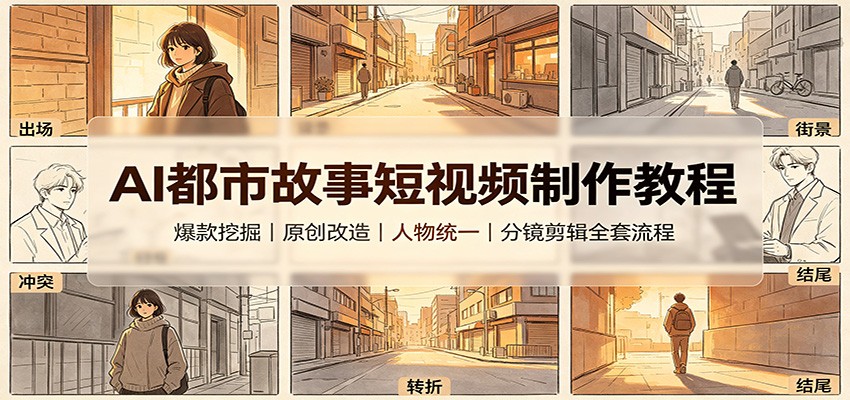 AI都市故事短视频制作教程：爆款挖掘原创改造，人物统一分镜剪辑全套流程-海桐网创