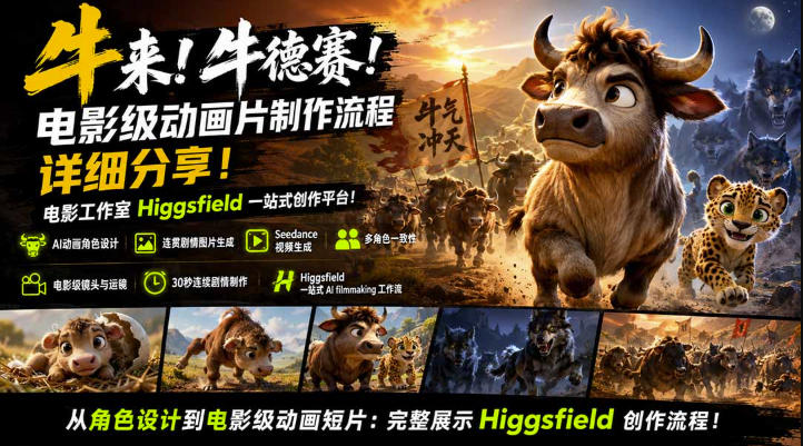 牛来!牛德赛!电影级动画片制作流程详细分享!电影工作室Higgsfield一站式创作平台,完整创作流程-海桐网创