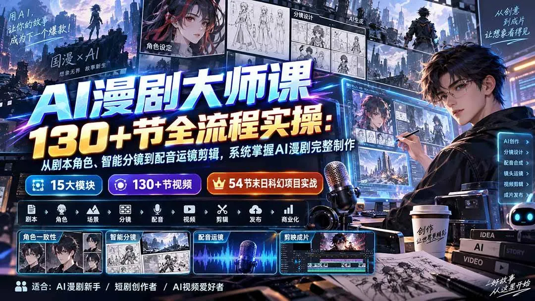 （20326期）AI漫剧大师课130+节全流程实操：从剧本角色、智能分镜到配音运镜剪辑，系统掌握AI漫剧完整制作-海桐网创