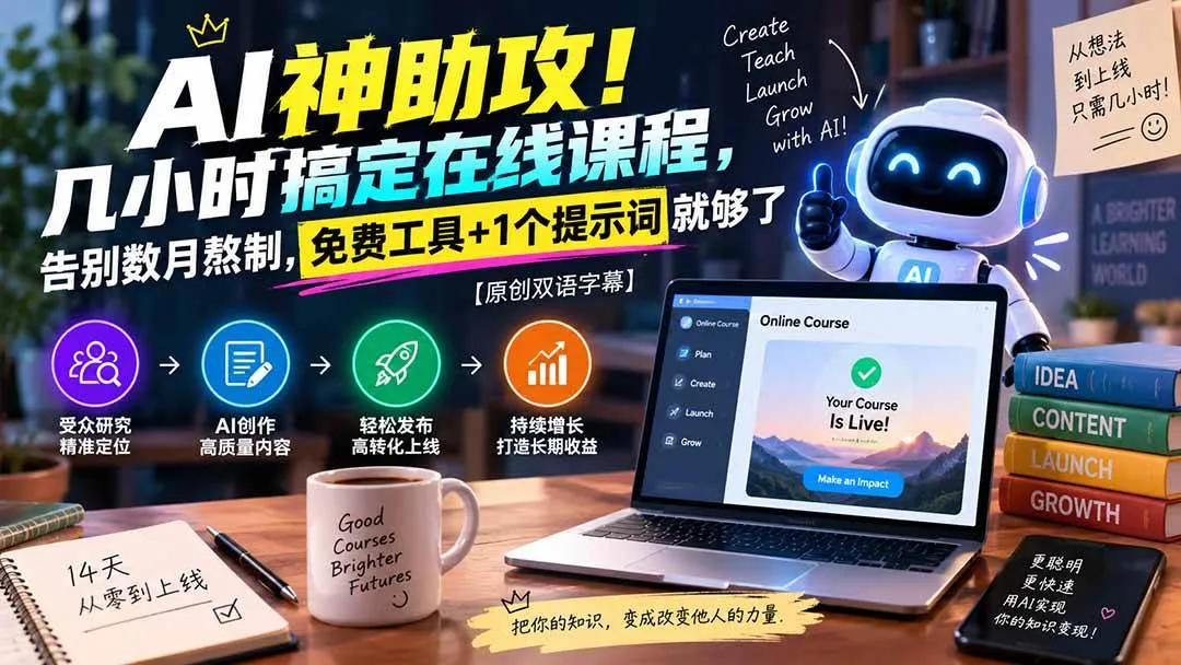 (20528期)AI神助攻!几小时搞定在线课程,告别数月熬制,免费工具+1个提示词就够了【原创双语字幕】-海桐网创