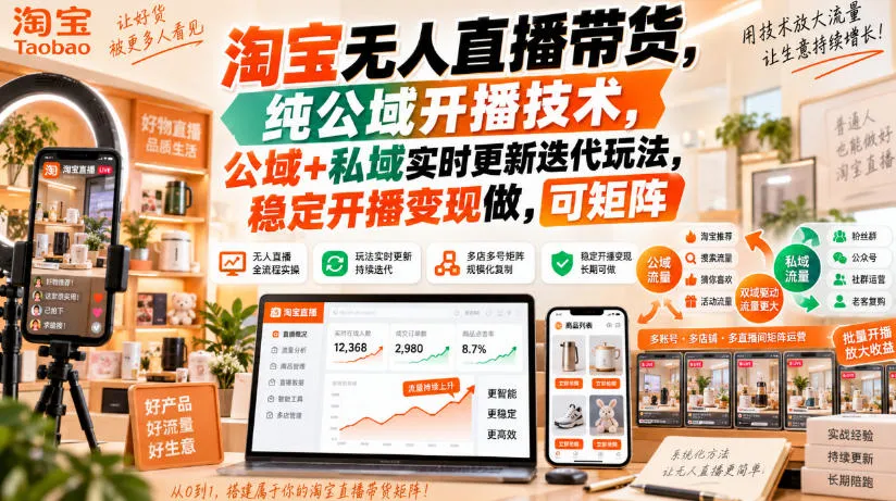 淘宝无人直播带货,纯公域开播技术,公域+私域实时更新迭代玩法,稳定开播变现做,可矩阵【揭秘】-海桐网创