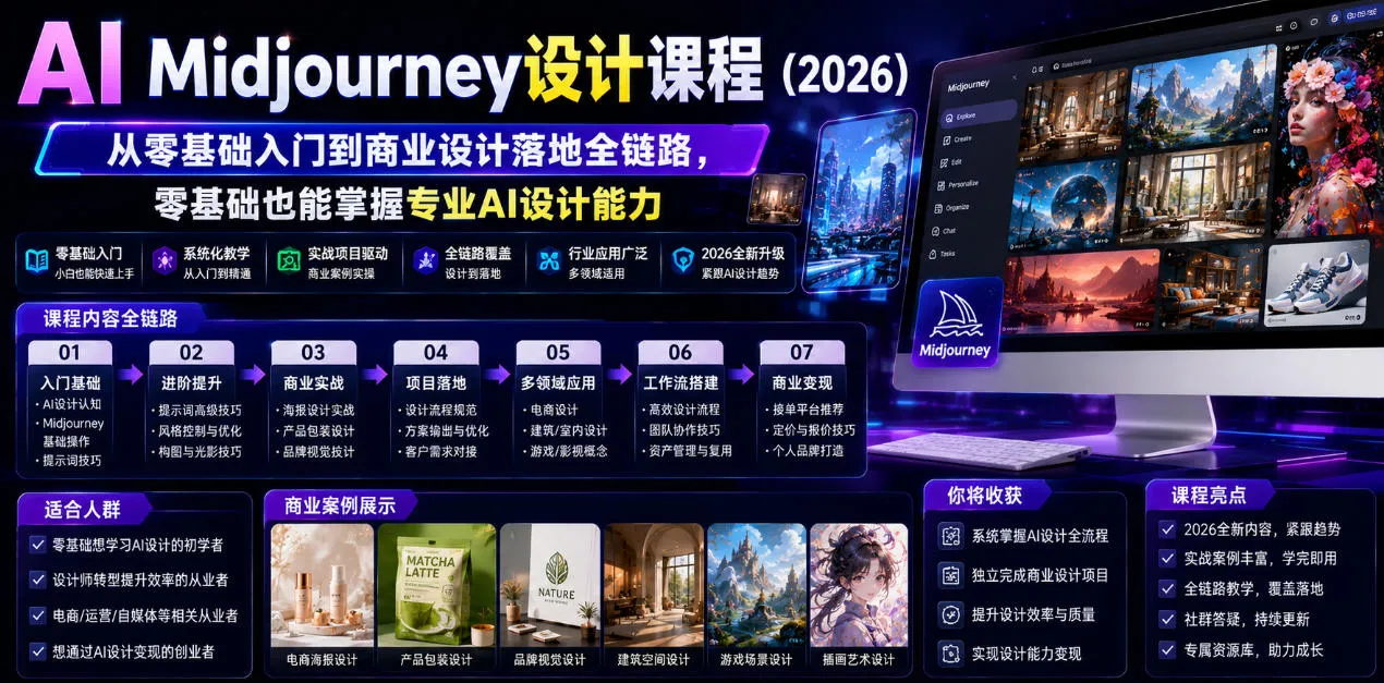 AI Midjourney设计课程(2026),从零基础入门到商业设计落地全链路,零基础也能掌握专业AI设计能力(更新0913)-海桐网创