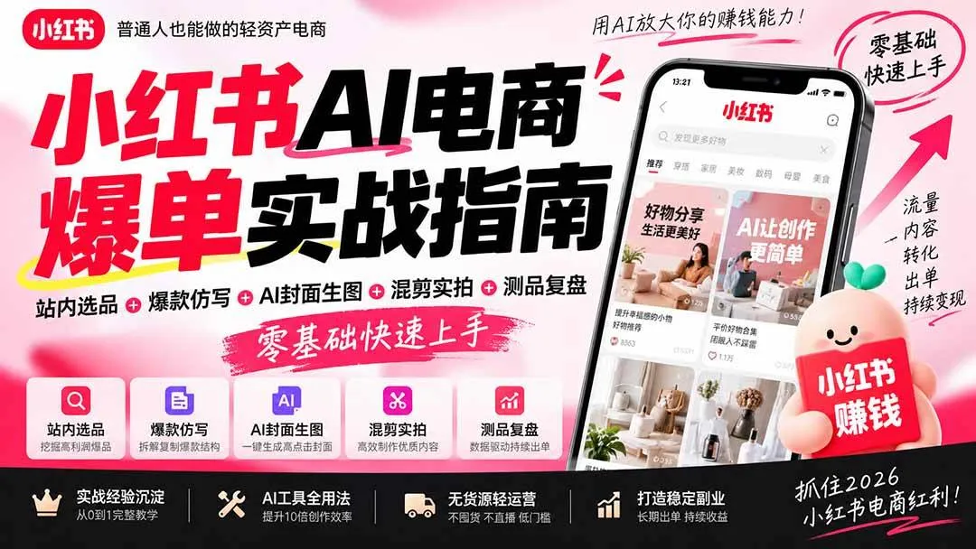 （20516期）2026小红书AI电商爆单实战指南：站内选品+爆款仿写+AI封面生图+混剪实拍+测品复盘，零基础快速上手-海桐网创