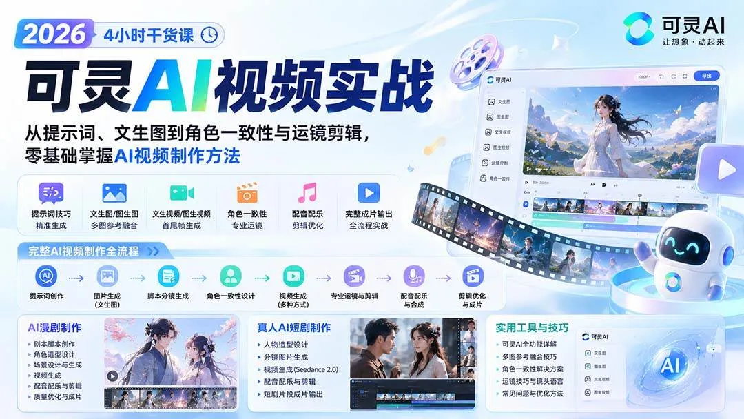(20136期)2026可灵AI视频实战-4小时干货课:从提示词、文生图到角色一致性与运镜剪辑,零基础掌握AI视频制作方法-海桐网创