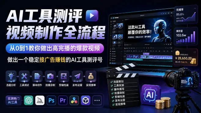 AI工具测评视频制作全流程,从0到1教你做出高完播的爆款视频,做出一个稳定接广告賺钱的AI工具测评号-海桐网创