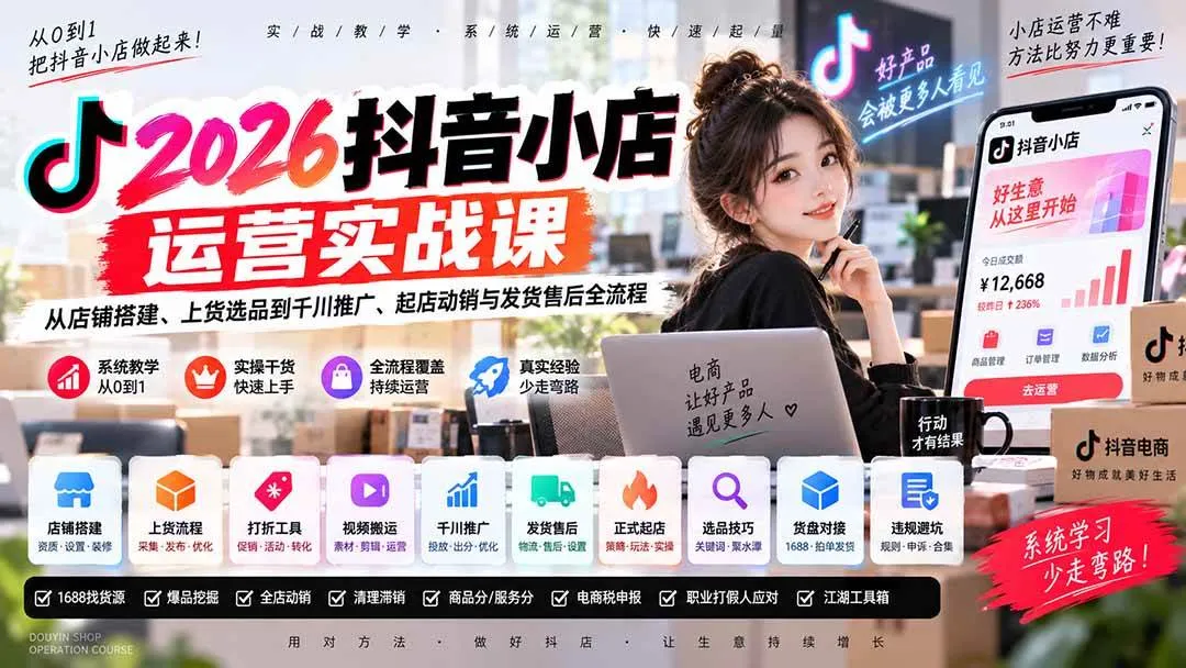 (20568期)2026抖音小店运营实战课|从店铺搭建、上货选品到千川推广、起店动销与发货售后全流程 (20568期)2026抖音小店运营实战课|从店铺搭建、上货选品到千川推广、起店动销与发货售后全流程