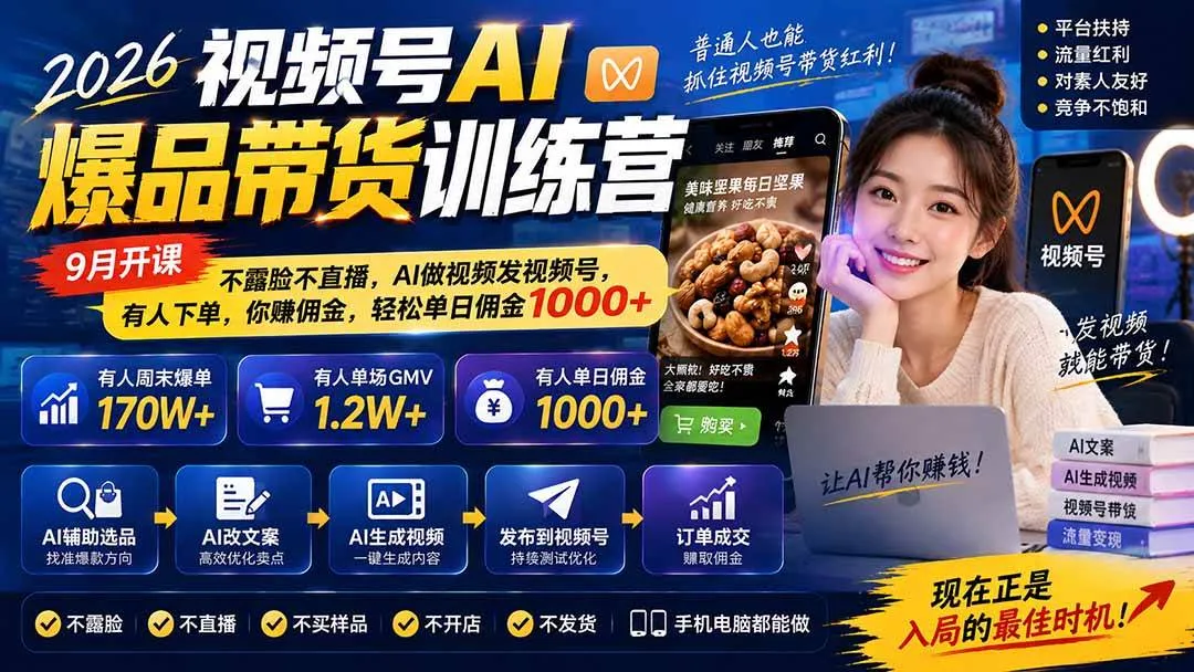 （20537期）2026视频号AI爆品带货训练营-9月开课｜不露脸不直播，AI做视频发视频号，有人下单，你赚佣金，轻松单日佣金1000+-海桐网创