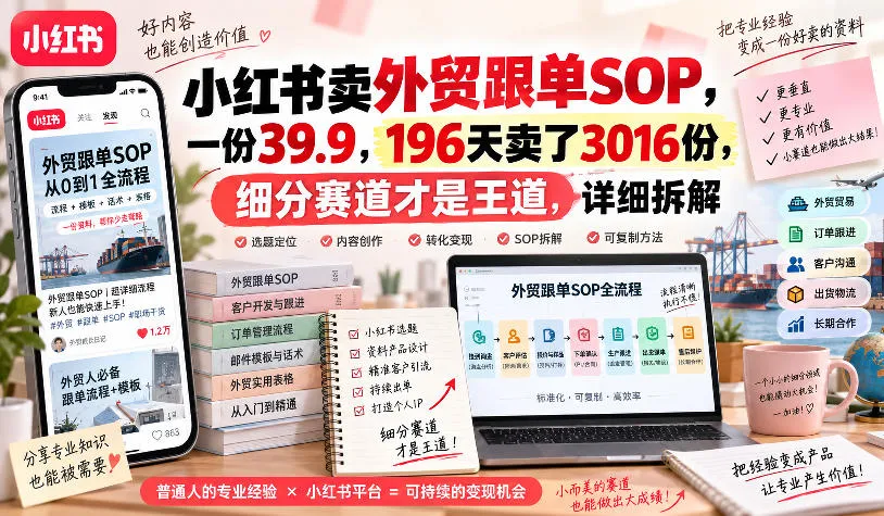 小红书卖外贸跟单sop,一份39.9,196天卖了3016份,细分赛道才是王道,详细拆解-海桐网创