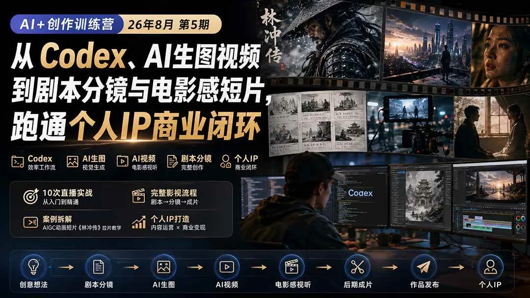 （20348期）AI+创作训练营26年第5期-更新：从Codex、AI生图视频到剧本分镜与电影感短片，跑通个人IP商业闭环-海桐网创