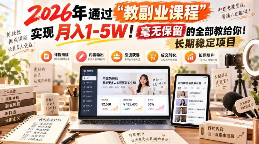 (20468期)2026年通过“教副业课程”实现月入1-5W!毫无保留的全部教给你!长期稳定项目-海桐网创