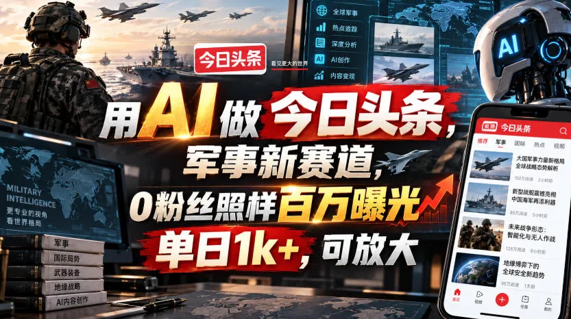 用AI做今日头条,军事新赛道,0粉丝照样百万曝光,单日1k+,可放大-海桐网创