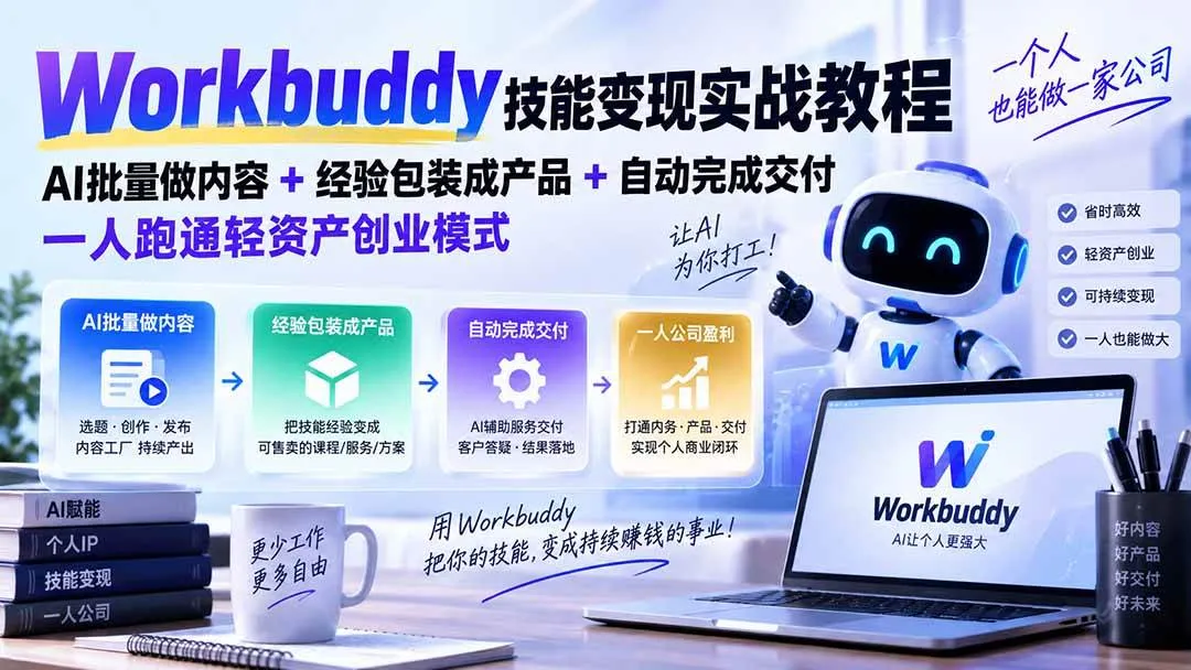 （20492期）Workbuddy技能变现实战教程：AI批量做内容+经验包装成产品+自动完成交付，一人跑通轻资产创业模式-海桐网创