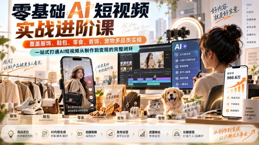 零基础AI短视频实战进阶课,覆盖服饰、鞋包、零食、首饰、宠物多品类实操,一站式打通AI短视频从制作到变现的完整闭环-海桐网创
