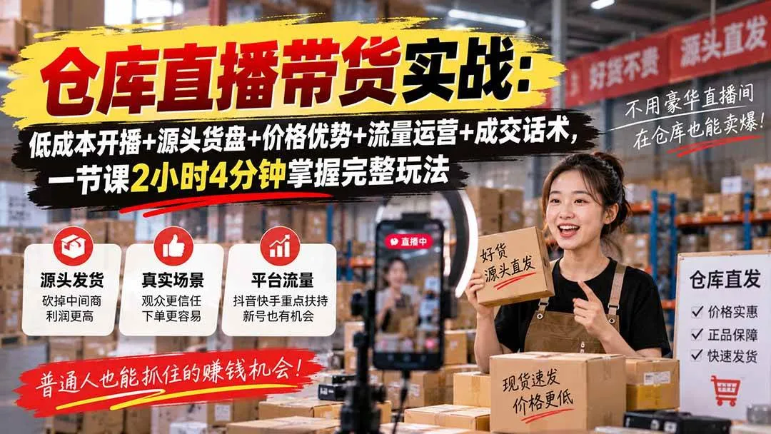 （20471期）仓库直播带货实战：低成本开播+源头货盘+价格优势+流量运营+成交话术，一节课2小时4分钟掌握完整玩法-海桐网创