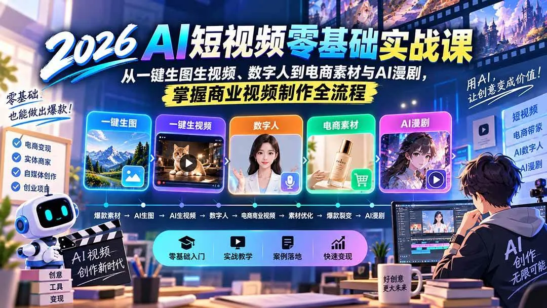 （20263期）2026AI短视频零基础实战课：从一键生图生视频、数字人到电商素材与AI漫剧，掌握商业视频制作全流程-海桐网创