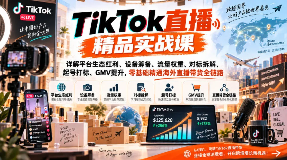 TikTok直播精品实战课,详解平台生态红利、设备筹备、流量权重、对标拆解、起号打标、GMV提升,零基础精通海外直播带货全链路-海桐网创