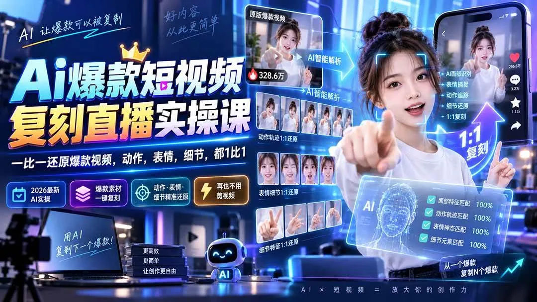 (20304期)最新Ai爆款短视频复刻直播实操课,一比一还原爆款视频,动作,表情,细节,都1比1-海桐网创