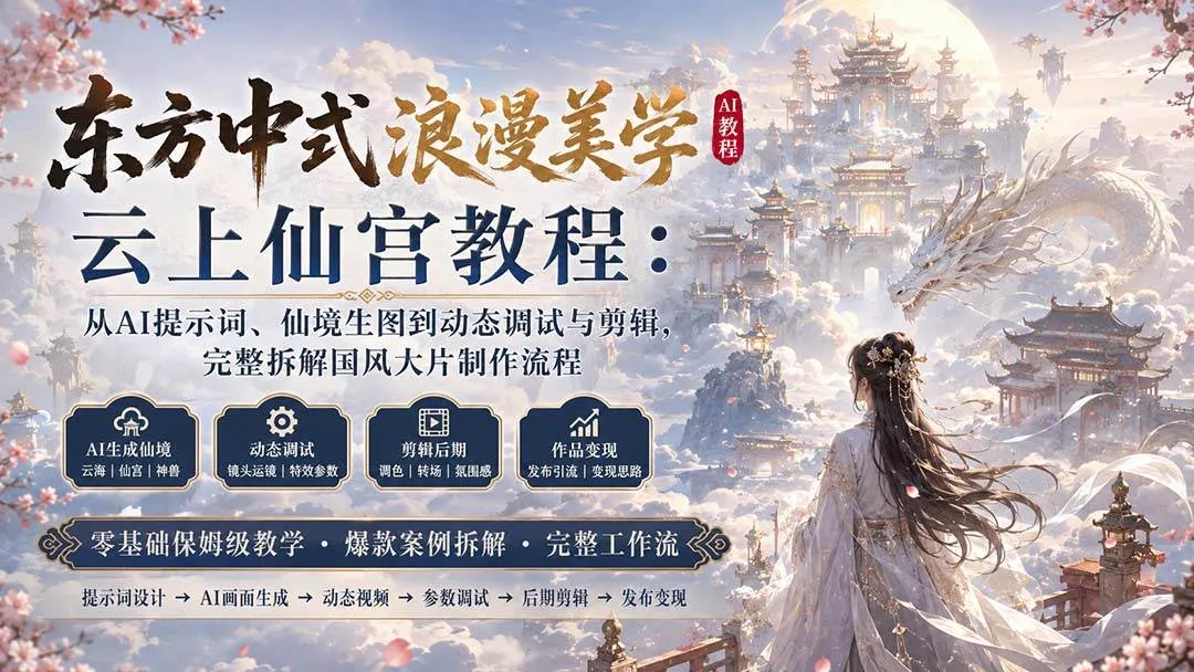 (20147期)东方中式浪漫美学云上仙宫教程:从AI提示词、仙境生图到动态调试与剪辑,完整拆解国风大片制作流程-海桐网创