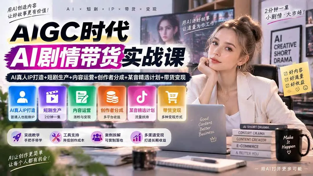 (20567期)AIGC时代AI剧情带货实战课|AI真人IP打造+短剧生产+内容运营+创作者分成、某音精选计划+带货变现-海桐网创