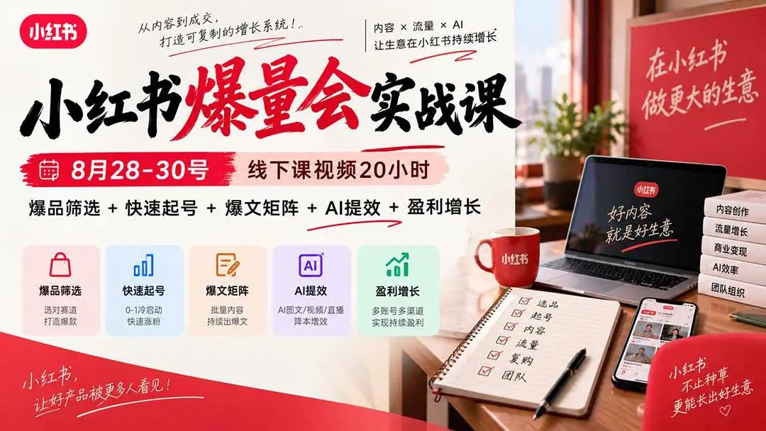（20359期）小红书爆量会实战课：8月28-30号线下课视频20小时，爆品筛选+快速起号+爆文矩阵+AI提效+盈利增长-海桐网创