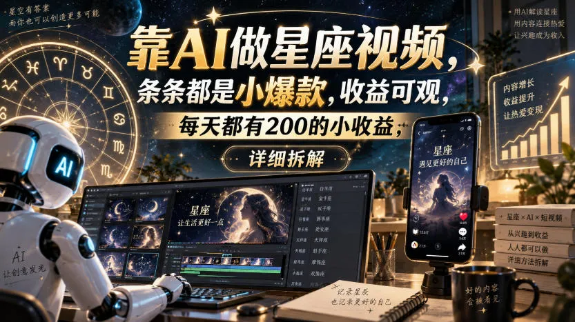靠AI做星座视频,条条都是小爆款,收益可观,每天都有200的小收益,详细拆解-海桐网创