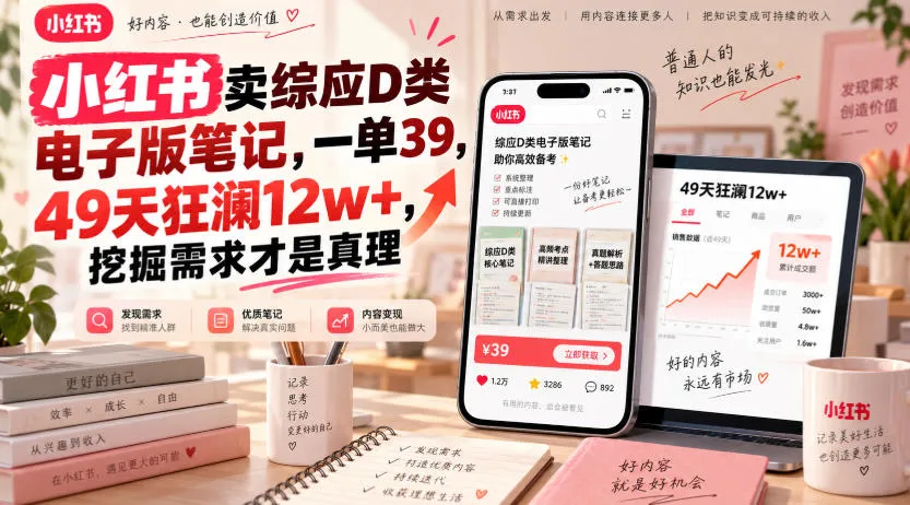 小红书卖综应D类电子版笔记，一单39，49天狂澜12w+，挖掘需求才是真理-海桐网创