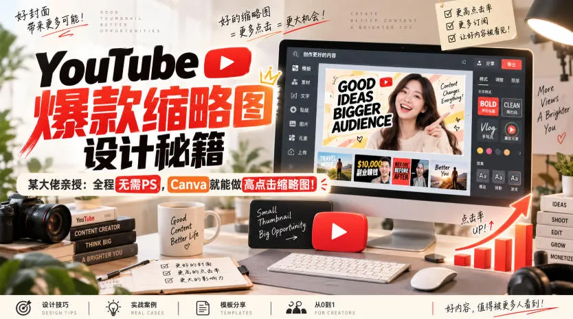 YouTube爆款缩略图设计秘籍，某油管大佬（610万订阅者）亲授，全程无需PS，Canva就能做高点击缩略图！【原创双语字幕】-海桐网创