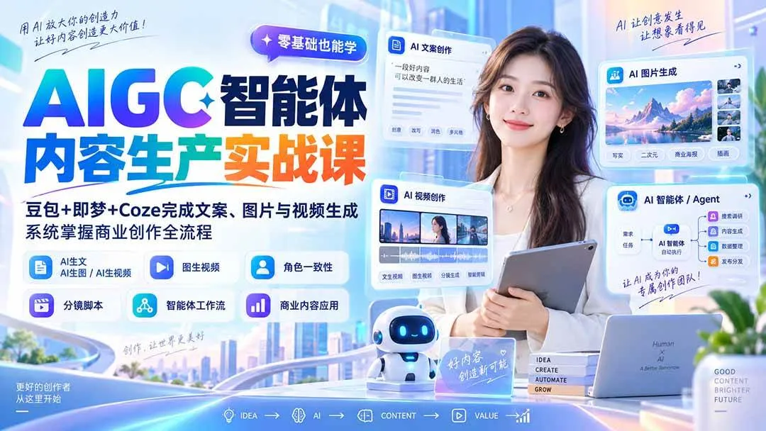 （20372期）AIGC智能体内容生产实战课：豆包+即梦+Coze完成文案、图片与视频生成，系统掌握商业创作全流程-海桐网创