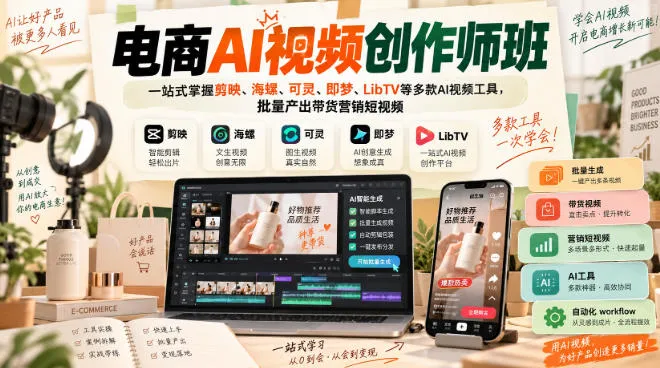 电商AI视频创作师班,一站式掌握剪映、海螺、可灵、即梦、LibTV等多款AI视频工具,批量产出带货营销短视频-海桐网创