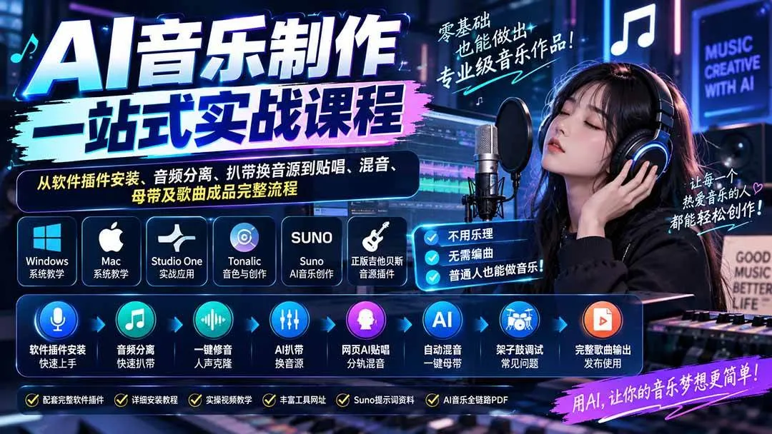 （20490期）AI音乐制作一站式实战课程：从软件插件安装、音频分离、扒带换音源到贴唱、混音、母带及歌曲成品完整流程-海桐网创