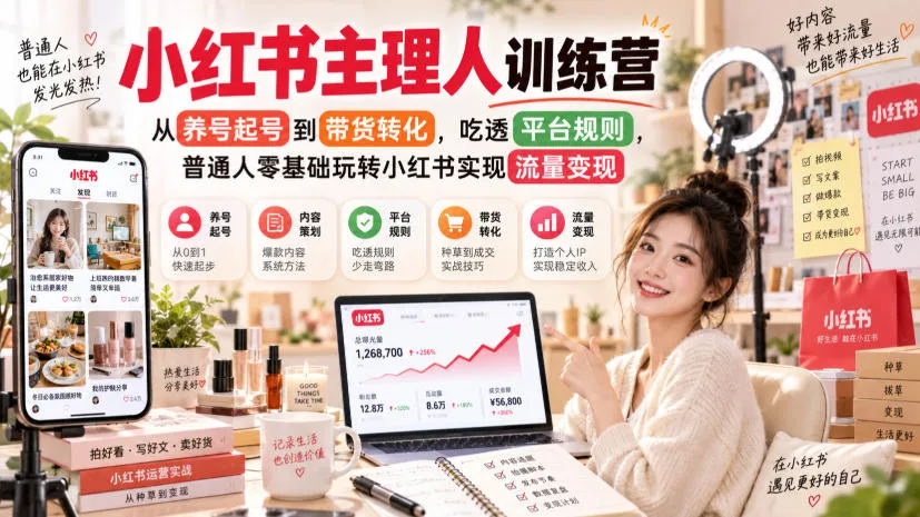 小红书主理人训练营,从养号起号到带货转化,吃透平台规则,普通人零基础玩转小红书实现流量变现-海桐网创
