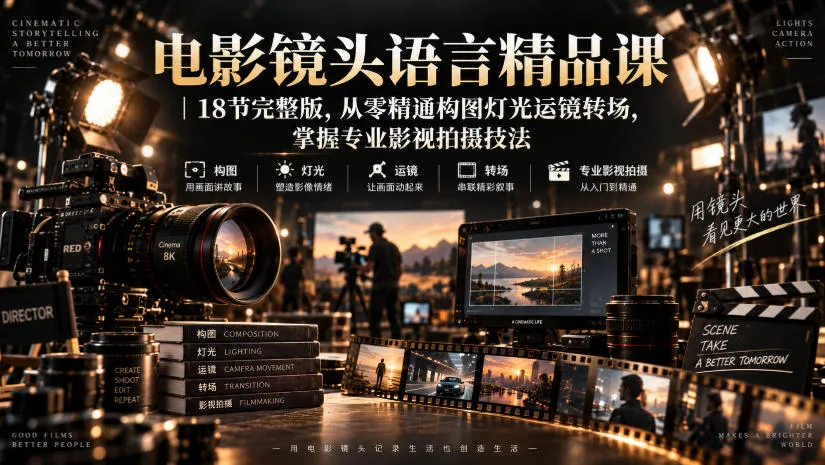 电影镜头语言精品课|18节完整版,从零精通构图灯光运镜转场,掌握专业影视拍摄技法-海桐网创