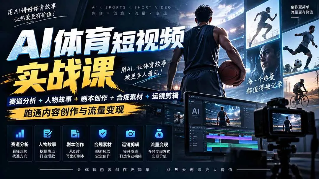 （20515期）AI体育短视频赛道顶级玩法｜赛道分析+人物故事+剧本创作+版权处理+运镜剪辑，跑通流量变现-日赚1K+-海桐网创