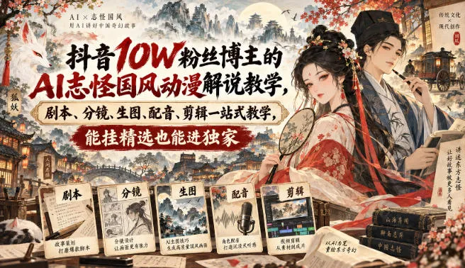 抖音10W粉丝博主的AI志怪国风动漫解说教学，剧本、分镜、生图、配音、剪辑一站式教学，能挂精选也能进独家-海桐网创