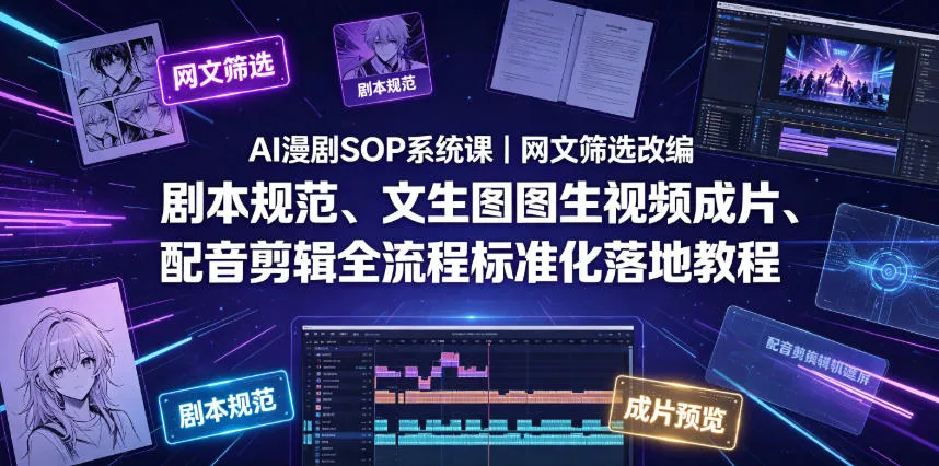 AI漫剧SOP系统课|网文筛选改编、剧本规范、文生图图生视频成片、配音剪辑全流程标准化落地教程(更新0826)