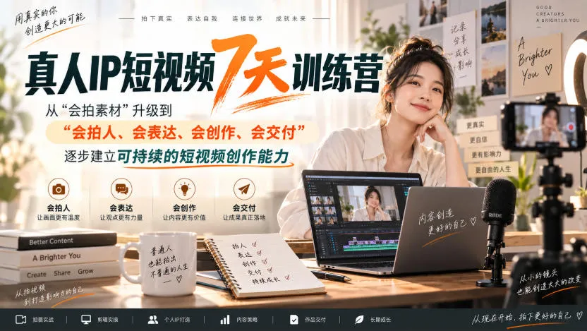 真人IP短视频7天训练营,从“会拍素材”升级到“会拍人、会表达、会创作、会交付”,逐步建立可持续的短视频创作能力-海桐网创