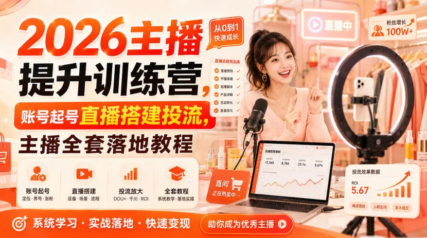 2026主播提升训练营,账号起号直播搭建投流,主播全套落地教程-海桐网创