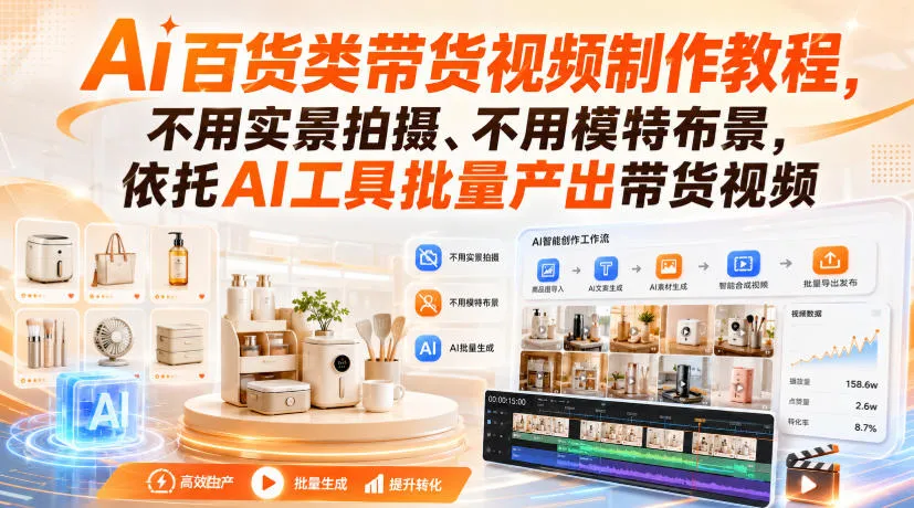 Ai百货类带货视频制作教程,不用实景拍摄、不用模特布景,依托AI工具批量产出带货视频-海桐网创