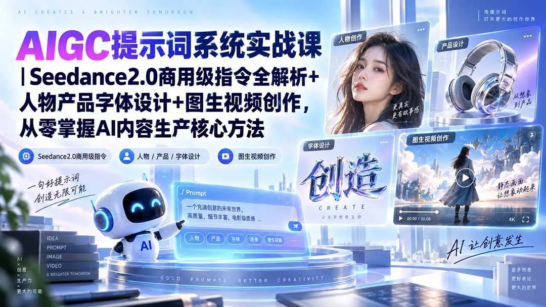 (20559期)AIGC提示词系统实战课-无水印|Seedance2.0商用级指令全解析+人物产品字体设计+图生视频创作,掌握AI内容生产方法 (20559期)AIGC提示词系统实战课-无水印|Seedance2.0商用级指令全解析+人物产品字体设计+图生视频创作,掌握AI内容生产方法
